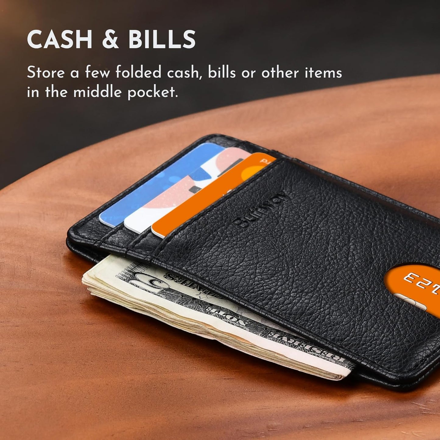 Buffway Mens Slim Wallet, Minimalist Thin Front Pocket Leather Credit Card Holder with RFID Blocking for Work Travel
