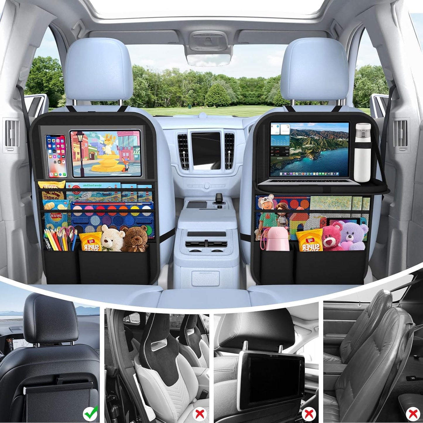 Car Backseat Organizer with table Tray, 9 Storage Pockets Backseat Car Organizer with Tablet Holder, Back seat Organizer for Kids Road Trip Essentials Travel (1Pack)