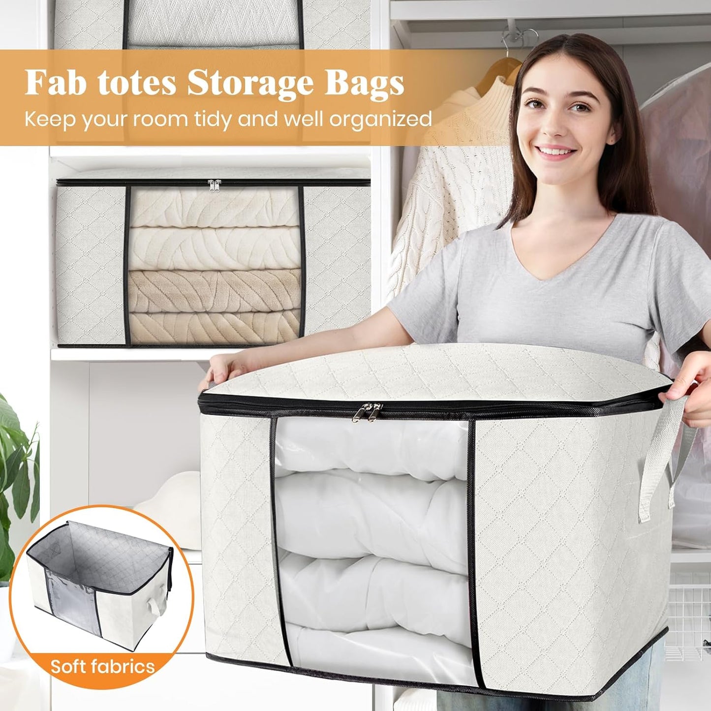 Fab totes 24 Gallons Clothes Storage, Foldable Thick Fabric Blanket Storage Bags, Containers for Organizing Bedroom, Closet, Clothing, Comforter, Organization with Handle (10 Pack,Ivory)