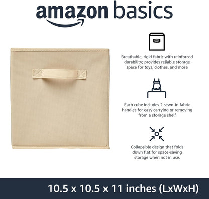 Amazon Basics Collapsible Fabric Storage Cubes Organizer with Handles, Sturdy, Beige, 10.5-x-10.5-x-11-inch, Pack of 6