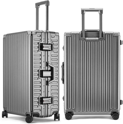 ROAMING Zipperless Luggage 26 Inch with Aluminum Frame, Checked-Large Lightweight 3-Layer PC Hard Shell Suitcase with Spinner Wheels, Metal Travel Luggage with Three TSA Locks, gray