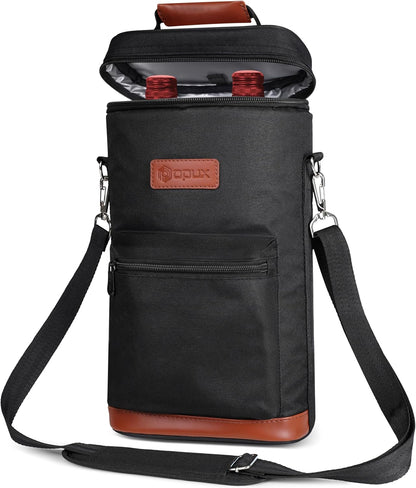 opux Wine Bag 2 Bottle Wine Tote Carrier, Insulated Wine Cooler Bag for Travel Picnic, Leakproof Portable Bottle Padded Case, Wine Gifts For Women Men Wine Lovers Christmas, Black