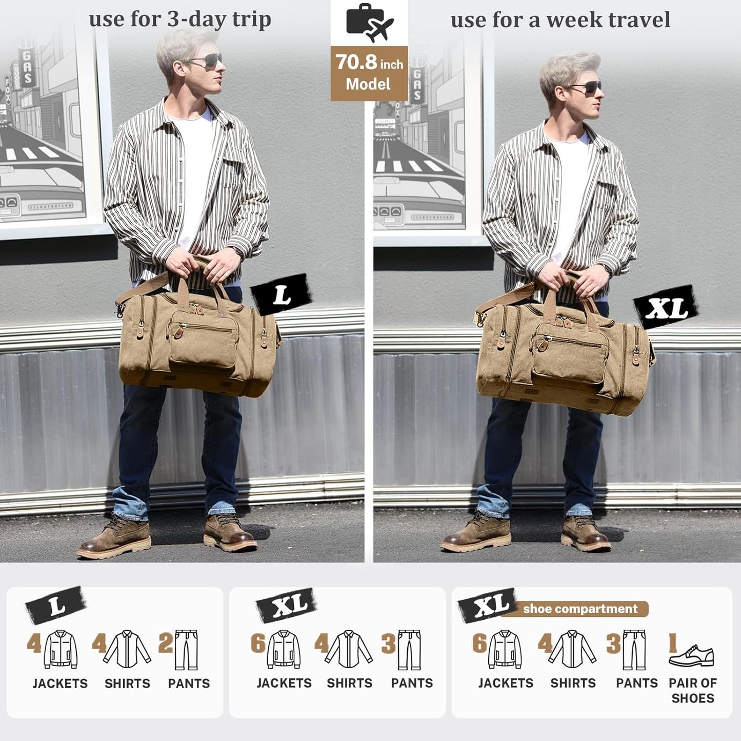 Gonex Canvas Duffle Bag for Travel, 50L Duffel Overnight Weekend Bag(Coffee)