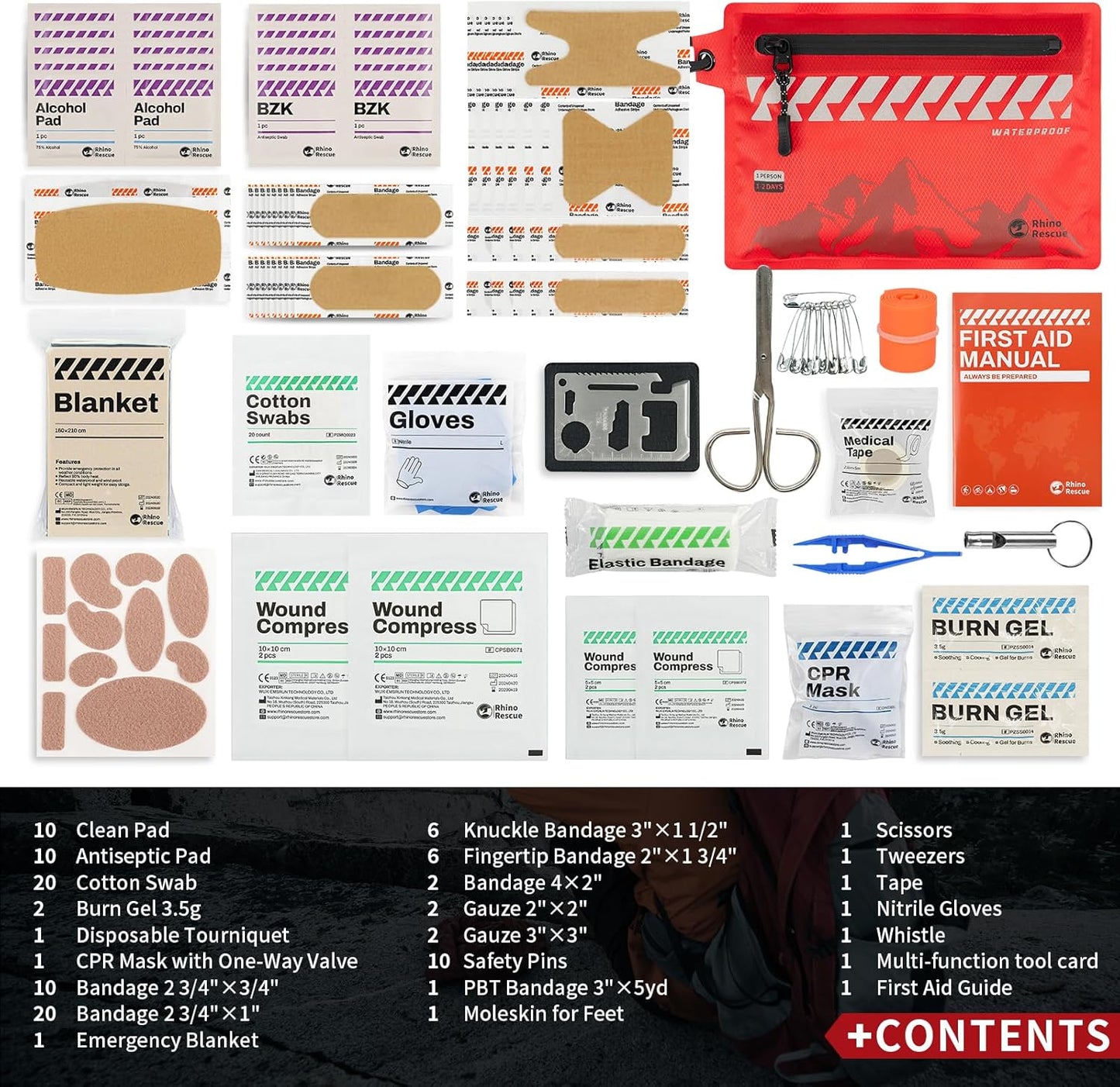 RHINO RESCUE Small First Aid Kit Ultralight Waterproof Medical Kit for Hiking, Backpacking, Cycling, Travel, Vehicles, 114pc