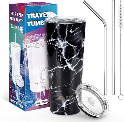 THILY Stainless Steel Vacuum Insulated Tumbler Travel Mug 26 oz Coffee Cup with 2 Lids and Straws, Splash Proof, Keep Ice Drinks Cold, Black Marble
