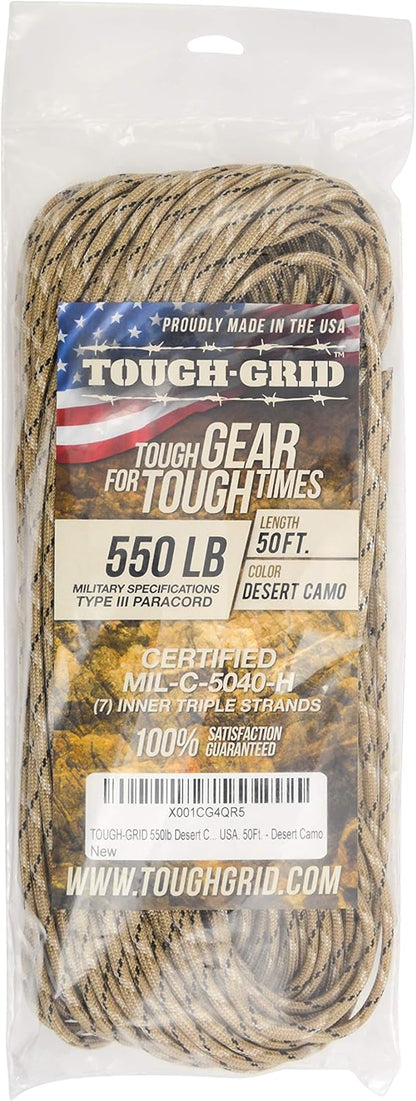 TOUGH-GRID 550 Paracord Rope Nylon Parachute Cord, Made in USA Survival Kit, Outdoor Adventures, Camping, Tactical Gear & Emergency Supplies, Military Type III Mil-Spec
