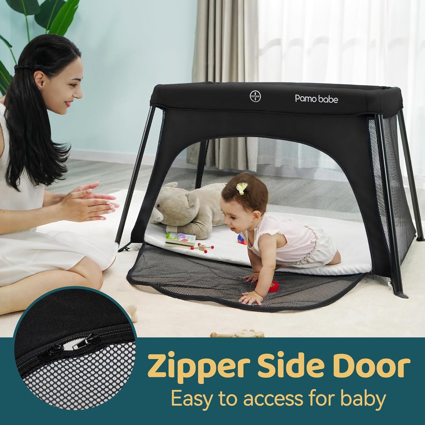 Pamo Babe Travel Crib Lightweight Baby Playard with Mattress Compact Play Yard with Detachable Legs