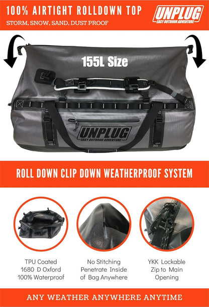 UNPLUG Waterproof Bags for Travel -1680D Heavy Duty Waterproof Duffel Bag for Camping, Motorcycle Dry Bag, Hunting Bag, Bug Out Bag, Waterproof Bags for Boating. Tactical Duffle Bag (155L Storm Grey)
