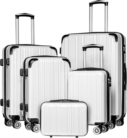 Coolife Luggage Expandable 5 Piece Sets PC+ABS Spinner Suitcase 20 inch 24 inch 28 inch (white grid new)