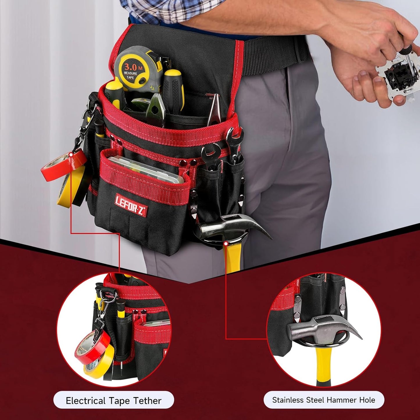 Tool Belt,Magnetic Tool Pouch,14-Pockets Tool Belts for Men,Detachable & Adjustable Tool Pouch Belt for Electrician,Carpenter,Construction,Work Apron,Utility Belt,Black-Red