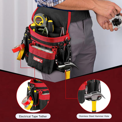 Tool Belt,Magnetic Tool Pouch,14-Pockets Tool Belts for Men,Detachable & Adjustable Tool Pouch Belt for Electrician,Carpenter,Construction,Work Apron,Utility Belt,Black-Red