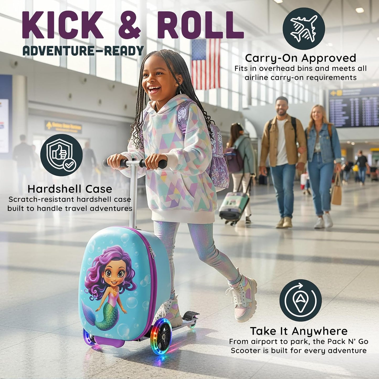 Hardshell Kids Ride-On Luggage with Scooter Suitcase – Carry-On Compliant with LED Light-Up Wheels – Fun and Functional Travel Companion for Children Ages 5–12