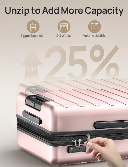 Carry on Luggage 22 X 14 X 9 Airline Approved, 20 Inch Luggage for 3-5 Days Travel, Double Spinner Wheels, 100% Hardshell PC, TSA Lock (00-Pink (Expandable), Checked 24-Inch)