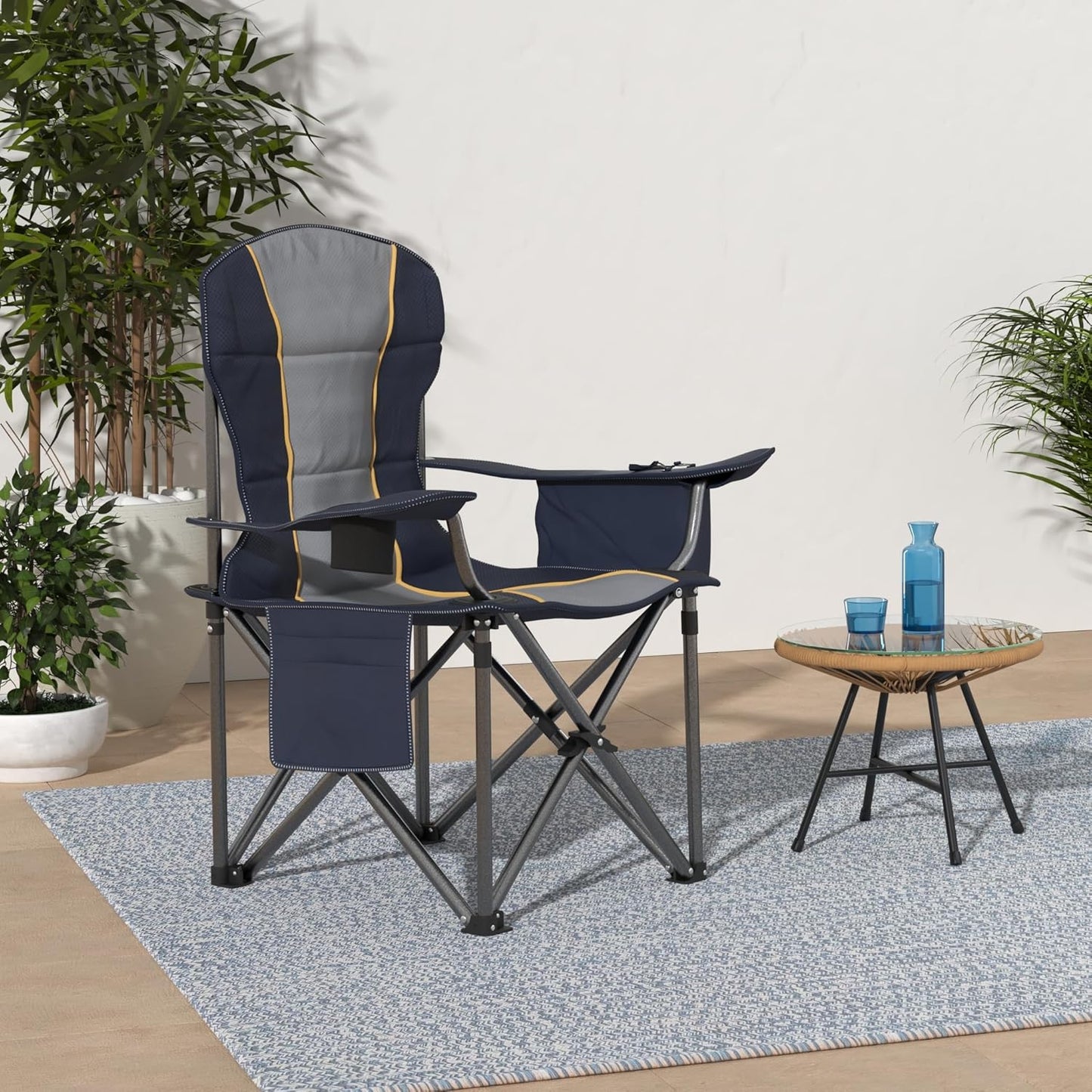 HIGH POINT SPORTS Oversized Portable Folding Camping Chair, Blue, 450 LBS Support, Sports Lawn Chair with Cup Holder and Cooler Bag