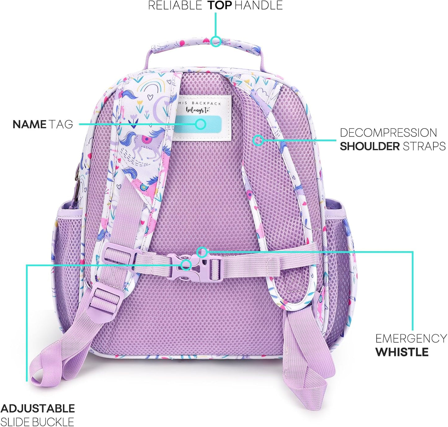 mibasies Toddler Backpack for Girls 2-4: Cute Kids Backpacks for Girls - Preschool Kindergarten Backpack - Unicorn Garden Purple
