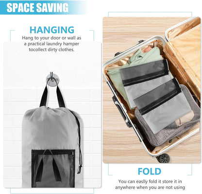 Laundry Bag Backpack, 2PCS Extra Large Travel Laundry Bag with Mesh Pocket & Adjustable Shoulder Straps,Dirty Clothes Travel Bag for College Students Dorm,Apartment(Light Gray)