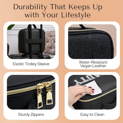 Makeup Bag with LED Mirror – Travel Cosmetic Organizer with Lighted Mirror, Adjustable Dividers & Brush Holder Storage – Portable PU Leather Makeup Case for Women & Girls - Black