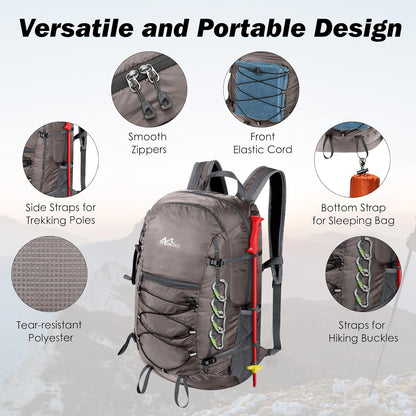 MoKo Hiking Backpack, 40L Large Capacity Camping Backpack with Multiple Pockets, Tear-resistant Travel Daypack for Men Women, Packable and Lightweight Hiking Daypack for Travel Camping Outdoor, Hummus