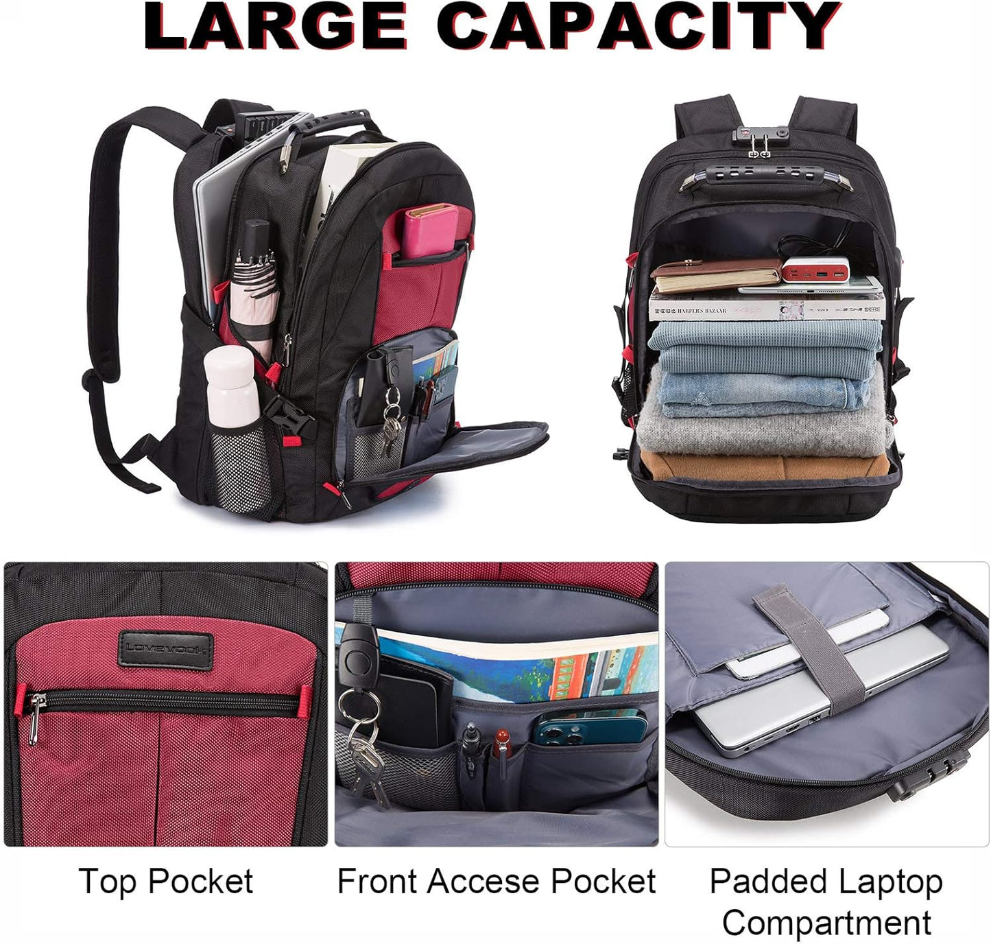 LOVEVOOK Large Backpack for Men 18.4 inch Heavy Duty Travel Laptop Backpack with USB Port Waterproof for Business Work (18 inch, Red)