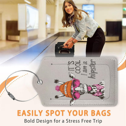 Funny Hipster Giraffe 3 Pack PU Leahter Luggage Tag with Stainless Steel Loop, Cool Cartoon Giraffe Travel Suitcase Labels with Privacy Cover ID Label Quickly Spot for Bags