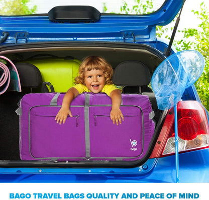 Bago Large Foldable Duffel Bags for Traveling Women & Men - 120L Packable Duffle Bag for Travel with Shoe Compartment - Water Repellant, Heavy Duty, Lightweight Folding & Collapsible (Purple)