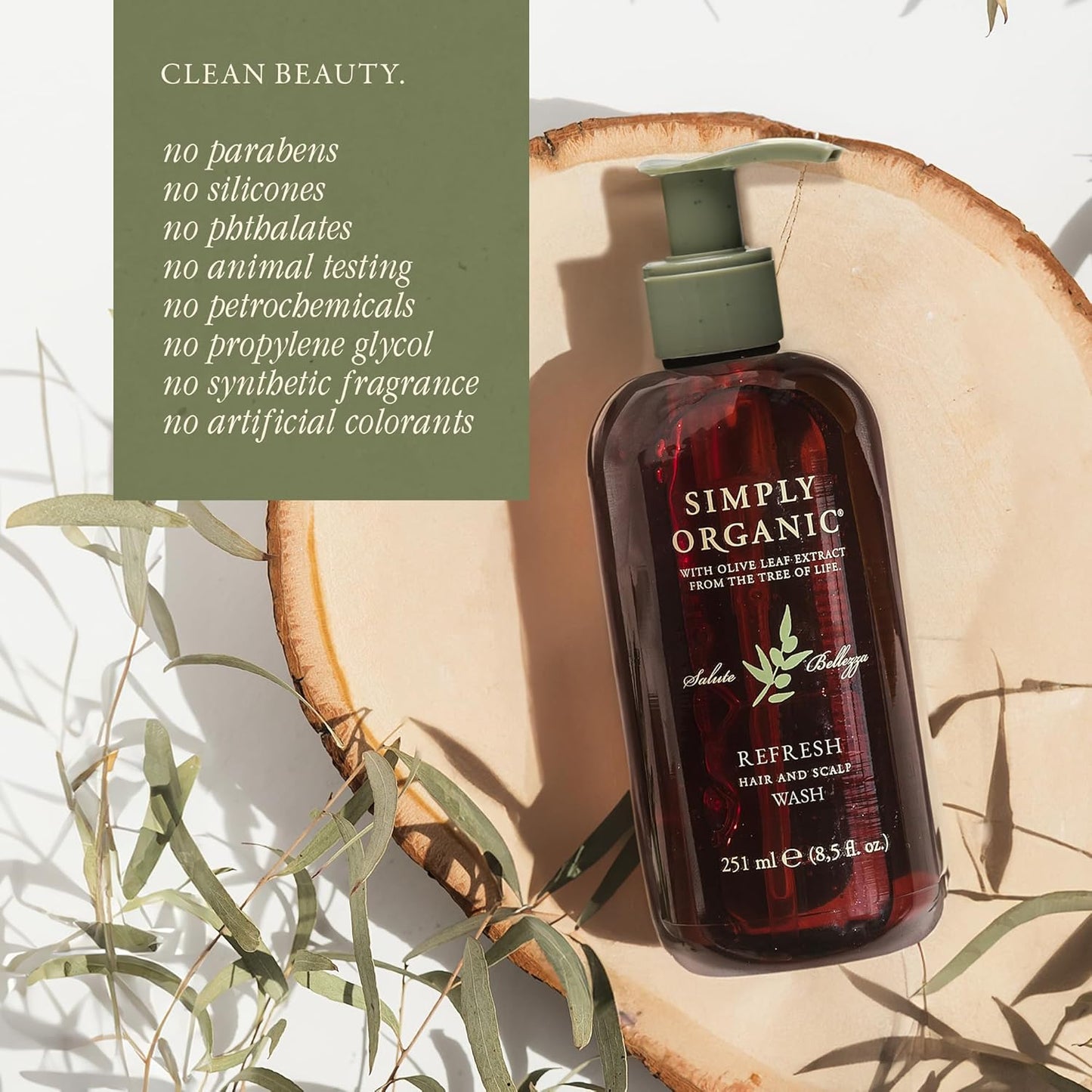 SIMPLY ORGANIC Hair Detox Clarifying Shampoo Scalp Wash, Made in Italy, All Natural Cruelty Free Hair Care for Women & Men with Rosemary, Sage & Olive Leaf Extract, 8.5 fl oz/251ml, Refresh