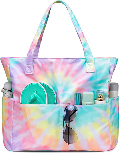 CAMTOP Waterproof Beach Tote Bag for Women Girls with Zipper Foldable Sandproof Pool Swim Bag Travel Carry On Gym