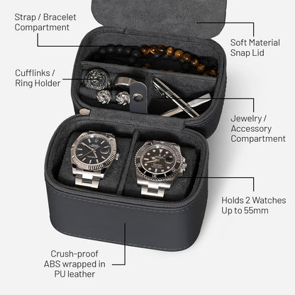ROTHWELL 2 Watch Travel Case Storage Organizer for 2 Watches | Watch Case for Men and Women | Tough Portable Protection w/Zipper Fits All Wristwatches & Smart Watches Up to 50mm (Carbon)