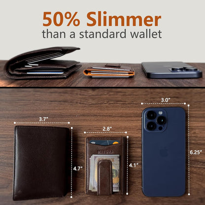 Airtag Wallet for Men- with Money Clip Gift Boxed, Magnetic Closure Slim Genuine Leather Front Pocket Wallet, 4.1"x 2.8", RFID Blocking