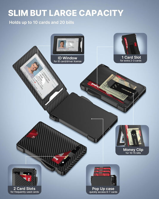 typecase Tactical Wallet for Men Card Holder: Pop Up Card Case, Genuine Leather, Smart, RFID Blocking, Slim, Minimalist, Thin, Front Pocket - 9-13 Card Capacitiy, ID Window, Money Clip (Carbon Fiber)