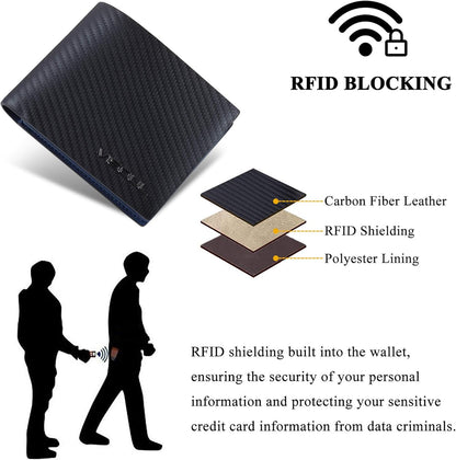 VISOUL Leather Mens Bifold RFID Blocking Wallet with 2 ID Windows, Leather Wallet for Men (Carbon Fiber, Black+Blue)
