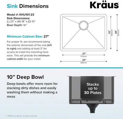 KRAUS Standart PRO™ 23-inch 16 Gauge Undermount Single Bowl Stainless Steel Kitchen Sink with WasteGuard™ Continuous Feed Garbage Disposal, KHU101-23-100-75MB