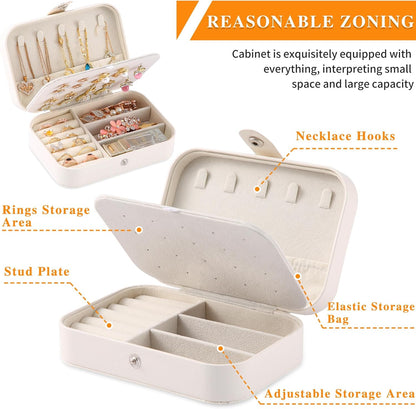 Travel Jewelry Box, PU leather Small Jewelry Organizer For Female Girls, double layer portable mini travel case for storing earrings, rings, necklaces.(Bright White)