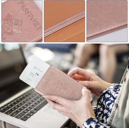 TIGARI Passport Holder for Travel Women Men, PU Leather Passport Wallet Cover Case Sleeve, Waterproof Protected Document Organizer, Family Vacation Plane Cruise Travel Essentials-Pink