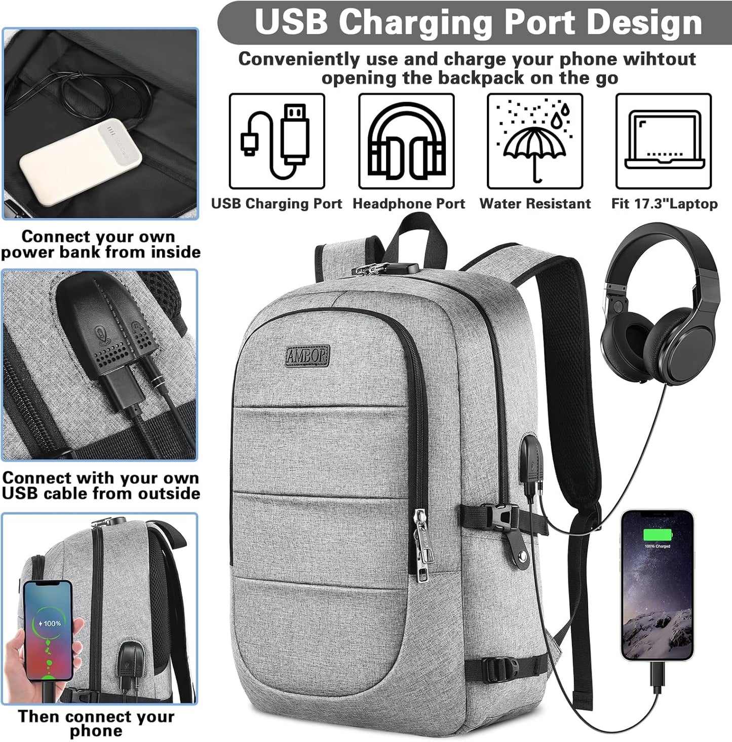 AMBOR Travel Laptop Backpack, 15.6-17.3 inch Anti Theft Business Laptop Backpack with USB Charging Port and Headphone Interface, Backpack for Men & Women, Grey