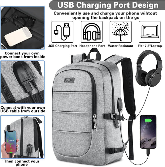 AMBOR Travel Laptop Backpack, 15.6-17.3 inch Anti Theft Business Laptop Backpack with USB Charging Port and Headphone Interface, Backpack for Men & Women, Grey