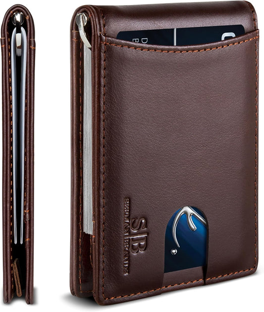 SERMAN BRANDS RFID Blocking Slim Bifold Genuine Leather Minimalist Front Pocket Wallets for Men with Money Clip Thin Gift