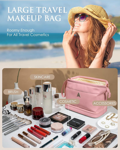 Bridesmaid Gifts for Women, Initial Makeup Bag, Personalized Double Layer Cosmetic Bag with Makeup Brush Organizer, Large Capacity PU Leather Travel Toiletry Bag, Personalized Teacher Gifts