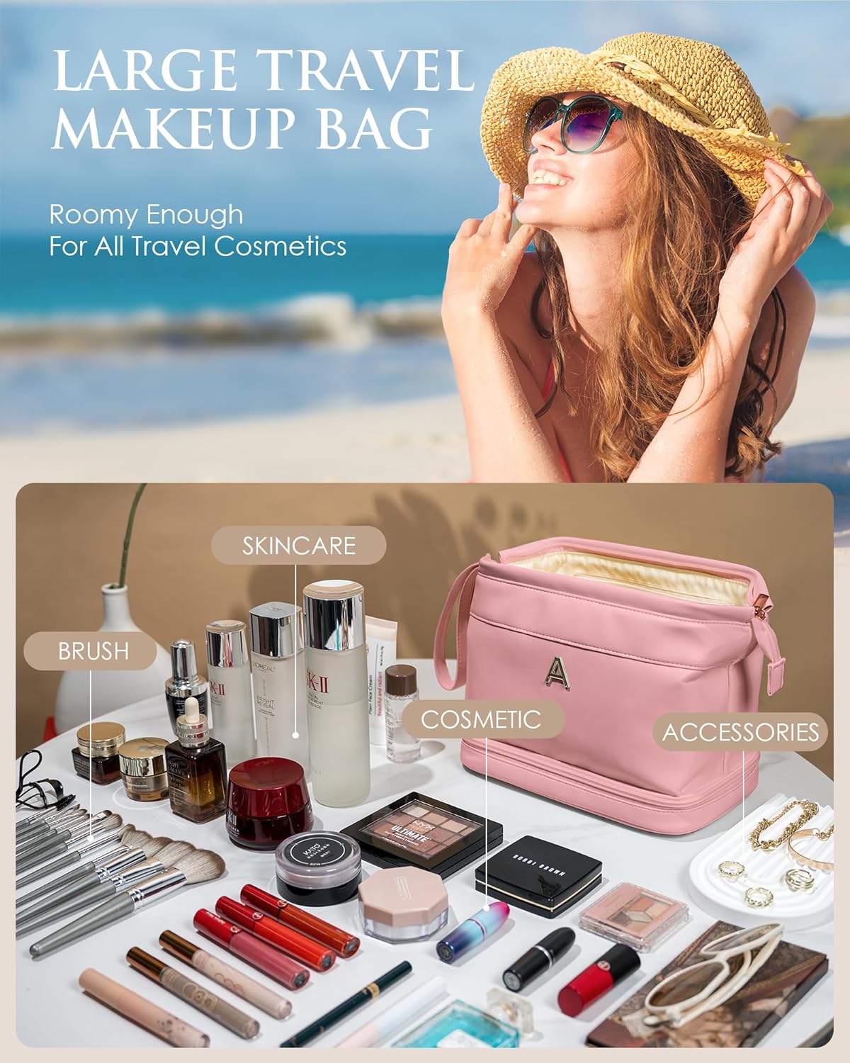Bridesmaid Gift, Initial Makeup Bags, Personalized Double Layer Cosmetic Bag with Makeup Brush Organizer, Waterproof, Large Capacity PU Leather Travel Toiletry Bag