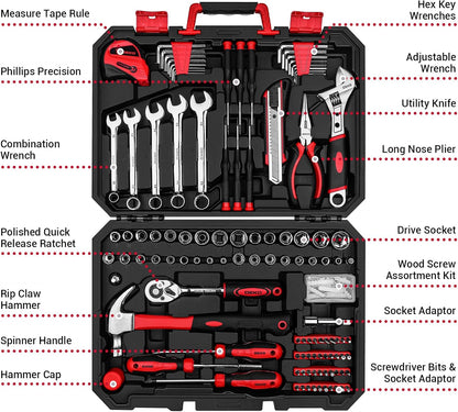 DEKOPRO Tool Set:158 Piece Home Tool Kit, Household Basic Repair Tool Set Comes with Plastic Storage Case-Red