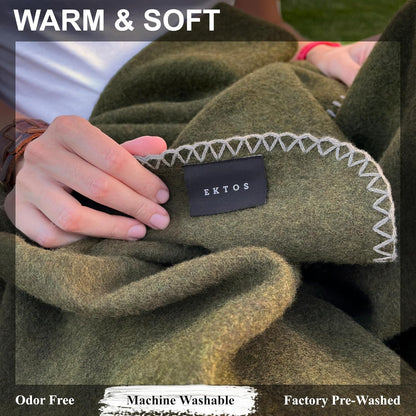 EKTOS 100% Virgin Wool Blanket, 90" x 66", Hunting Gear, Better Than Military Surplus (Olive Green, Twin Size)