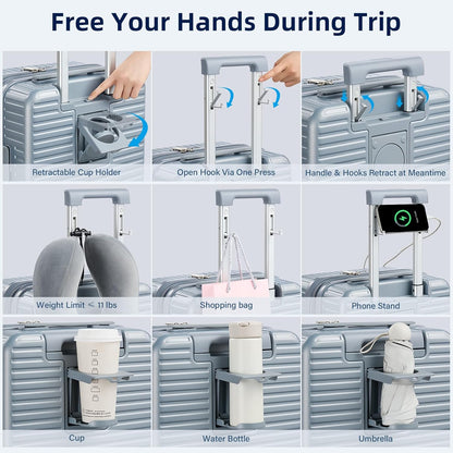Hard Shell Suitcases 24 Inch Check in Luggage with Spinner Wheels, Expandable Travel Luggage with Cup Holder Charger Built in, Checked Medium Suitcase Lightweight Suitcases, Silver