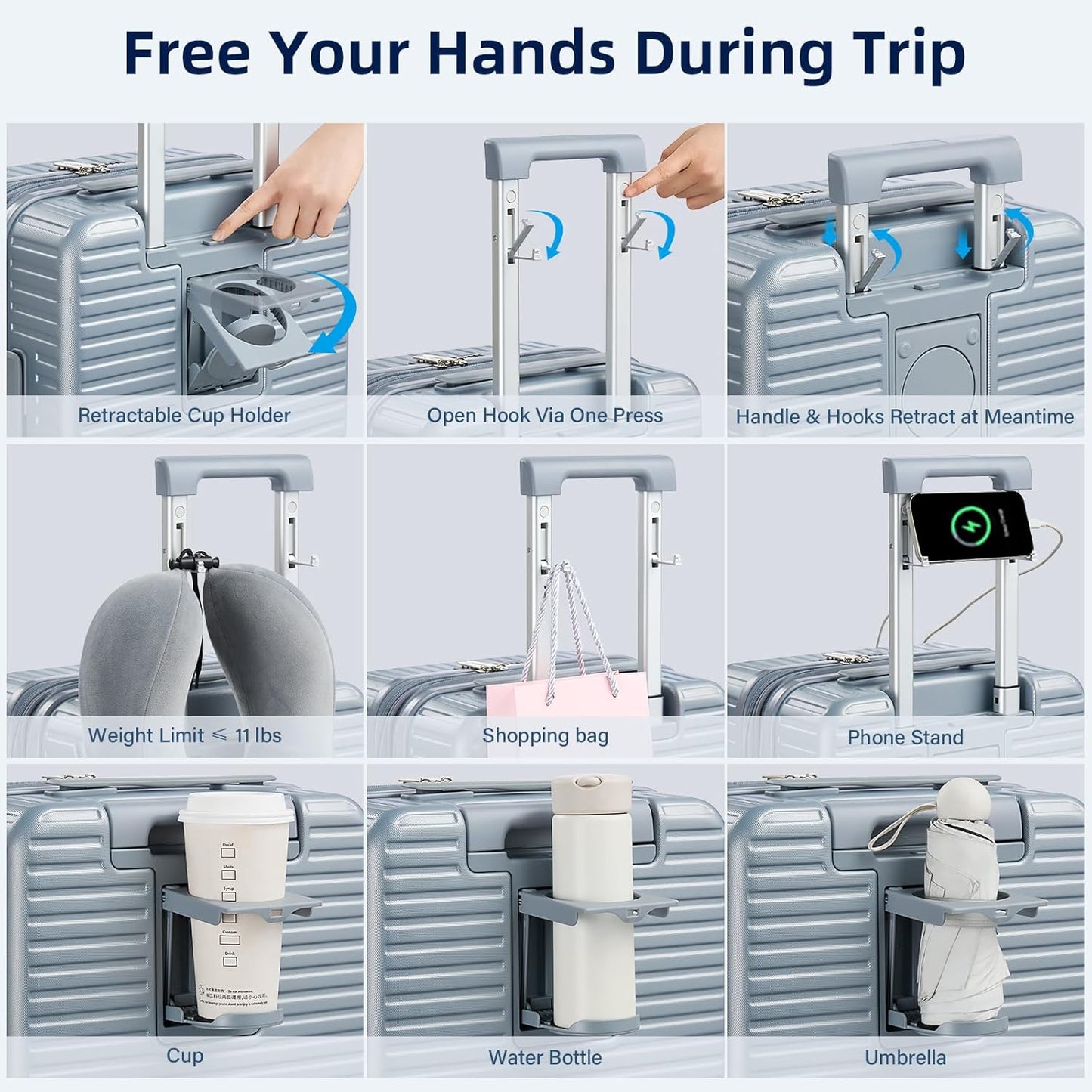 Hard Shell Suitcases Airline Approved 20 Inch Carry on Luggage with Wheels, Expandable Travel Luggage with Cup Holder Charger Built in Lightweight Small Suitcase, Silver