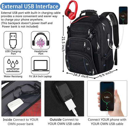 18.4 Laptop Backpack for unisex, 55L Extra Large Gaming Laptops Backpack with USB Charger Port,TSA Friendly Flight Approved and RFID Anti-Theft Pocket