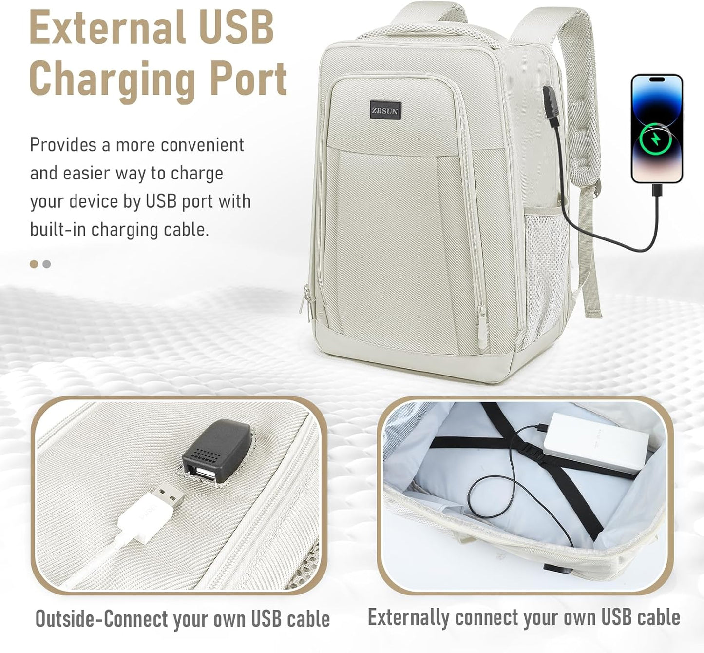 Travel Backpack, Business Anti Theft Slim Sturdy Laptops Backpack with USB Charging Port, Water Resistant College School Laptop Bag for Men & Women Fits 15.6 Inch Notebook (Beige)