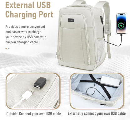 Travel Backpack, Business Anti Theft Slim Sturdy Laptops Backpack with USB Charging Port, Water Resistant College School Laptop Bag for Men & Women Fits 15.6 Inch Notebook (Beige)