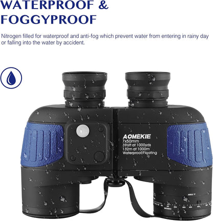 AOMEKIE 7X50 Marine Waterproof Binoculars for Adults with Illuminated Rangefinder Compass BAK4 IPX7 for Boating Military Navigation Hunting Fishing Water Sports
