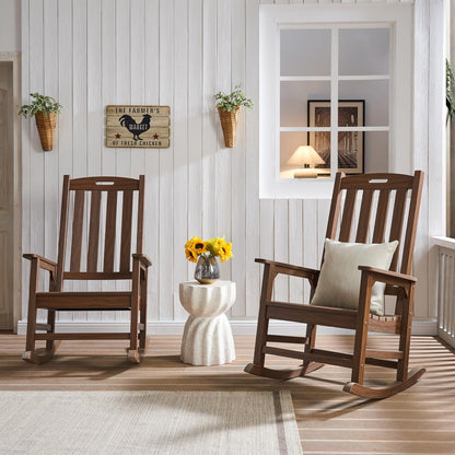 Psilvam Outdoor Rocking Chair Set of 2, Poly Lumber Oversized Rocking Chair with 21" Wide Seat and 32" Tall Backrest, Pre-Assembled with Most Components for Effortless Installation(Bright Brown)