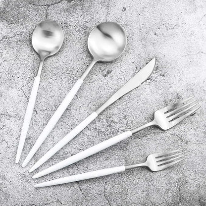 Gugrida 20-Piece 18/10 Stainless Steel Flatware Silverware, Luxury Dinnerware Set Travel Cutlery Tableware Include Knife Fork Spoon Service for 4, Dishwasher Safe (White Handle Matte Silver)