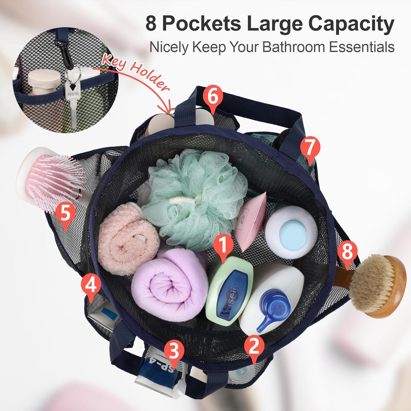 F-color Mesh Shower Caddy Portable with Drawstring - Deeper 7 Pockets Dorm Room Essentials for Guys Girls with S Hook, Shower Bag Tote for College Camping Toiletry Bathroom, Black with Dark Blue